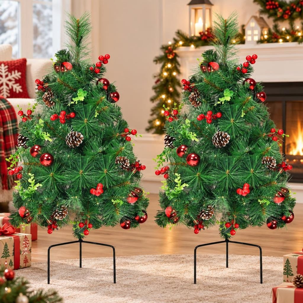 Airfind Set of 2 29 Inch Battery Powered Pre, PVC PET Metal PE Tree Height: 25 Tree Width: 16 Length of Ground Stakes: 4 Frame, Green
