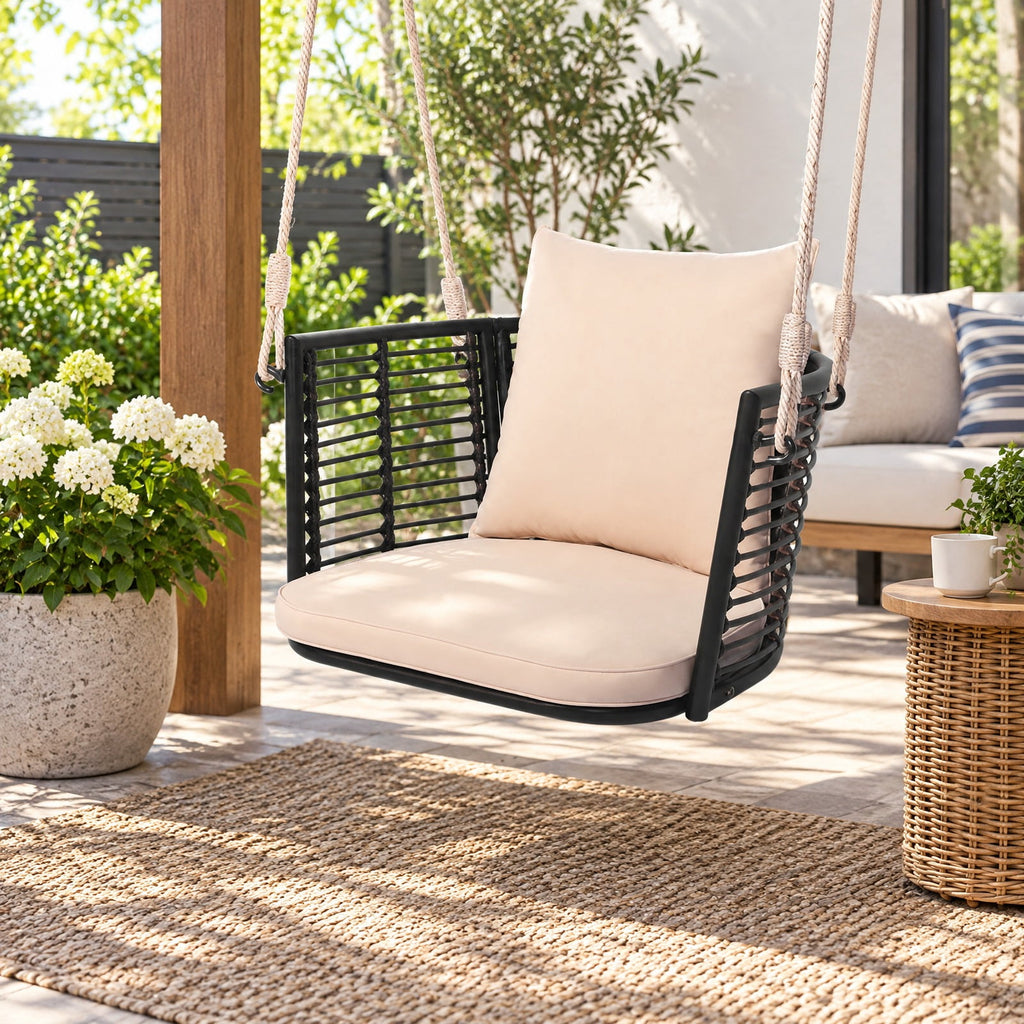 Airfind Single Person Hanging Seat with Woven Rattan Backrest for Backyard, 400 lbs Capacity, 30.5 x 24.5 x 15 Suitable Hanging Footprint