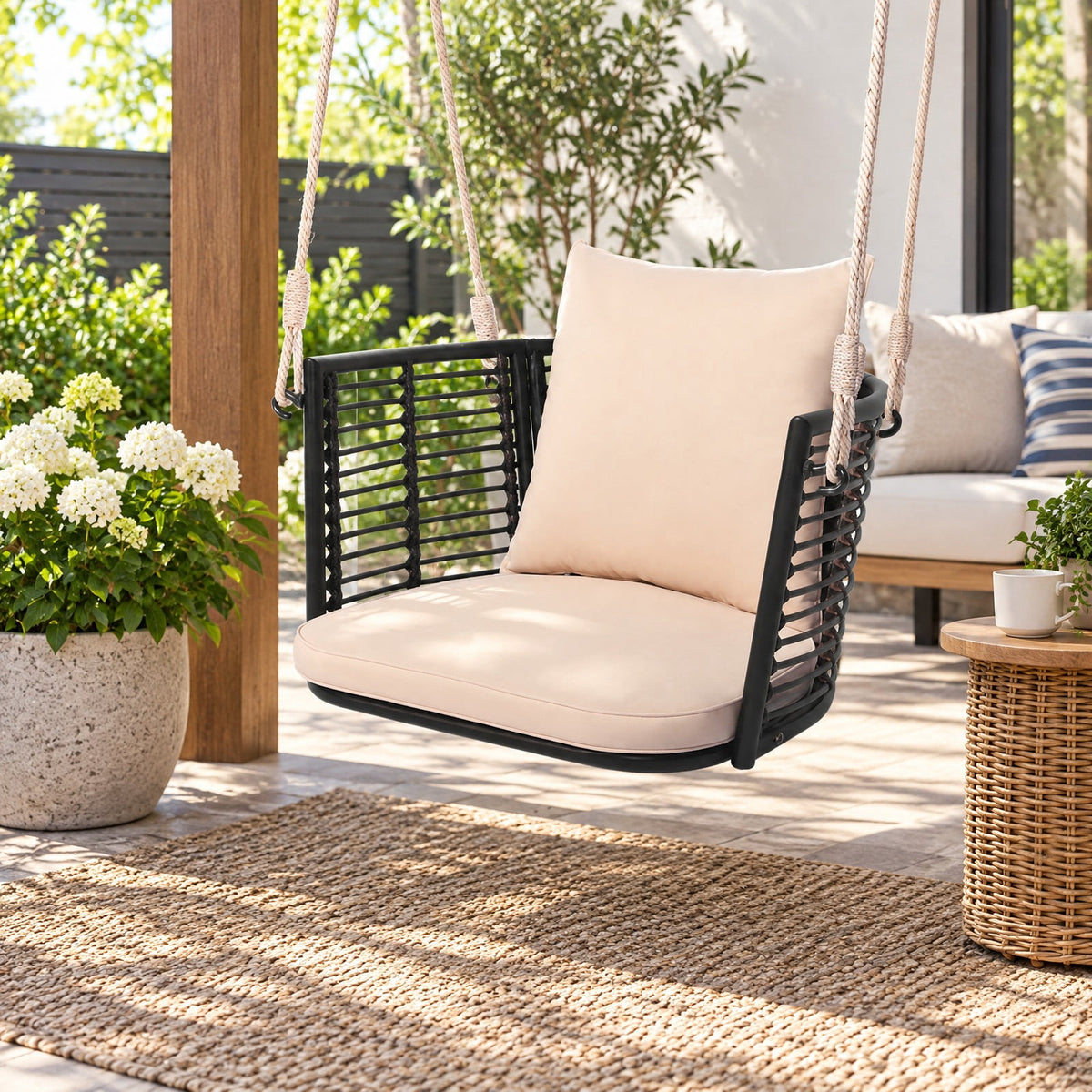 Airfind Single Person Hanging Seat with Woven Rattan Backrest for Backyard, 400 lbs Capacity, 30.5 x 24.5 x 15 Suitable Hanging Footprint