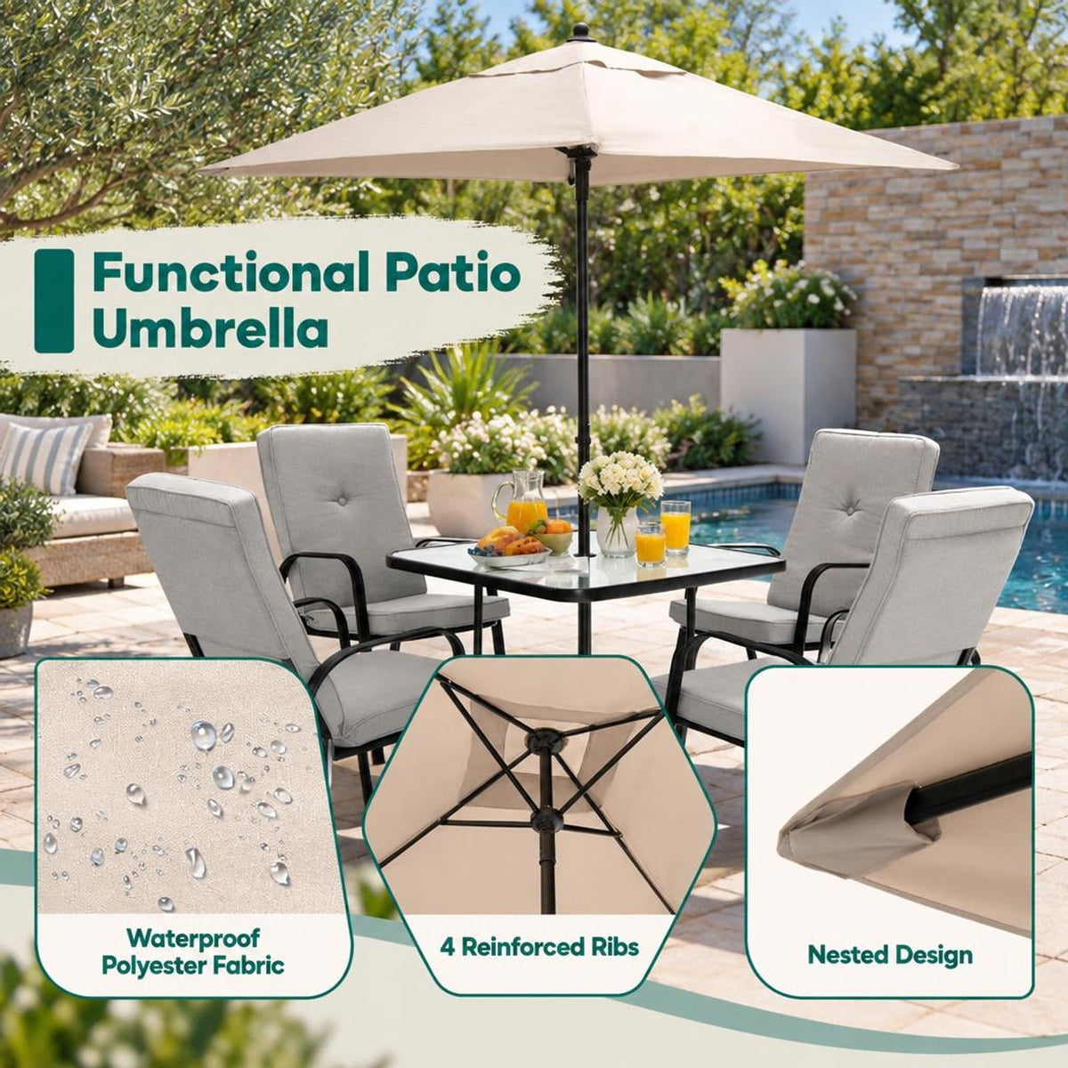 Airfind 5 Feet Patio Square Market Table Umbrella Shelter with 4 Sturdy Ribs, Metal Polyester Frame, 7 x 7 x 7.2 ft Footprint, Beige