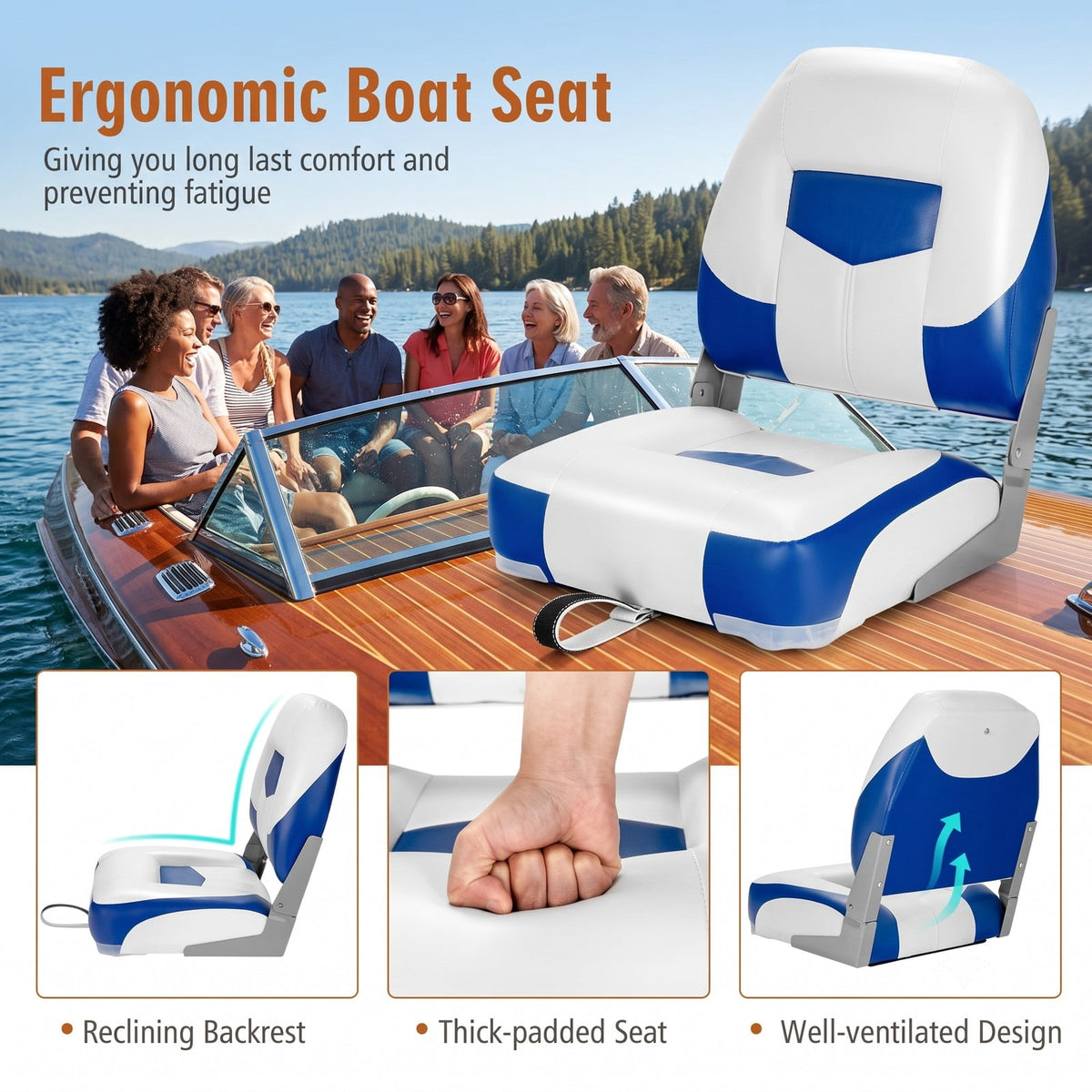 Airfind Folding Low Back Fishing Boat Seats 2 Pack with Padded Cushion and Stainless Steel Screws for Jon Boats and Pontoon Fishing, Blue and White