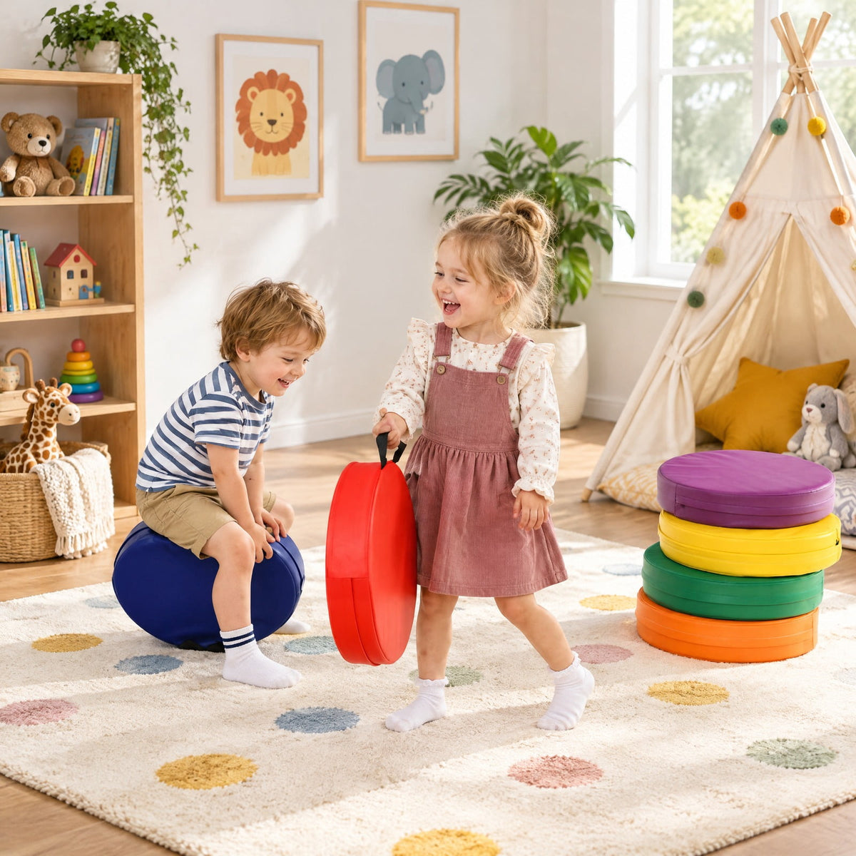 Airfind s 15 Inch Round, 6 Piece, Youth Floor Cushions for Youth, PU EPE Frame, for 9 Months and older with Functional Design, Multicolor