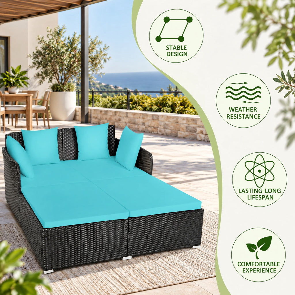Airfind Spacious Outdoor Rattan Daybed with Upholstered Cushions and Pillows, 800 lbs Capacity, Rattan Steel Sponge Frame, Turquoise