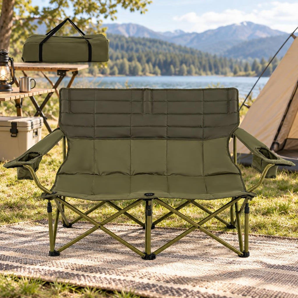 Airfind Oversized Camping Chair Folding Loveseat Camping Couch with Cup Holders Thick Padding, Capacity 660 lbs Capacity, Green