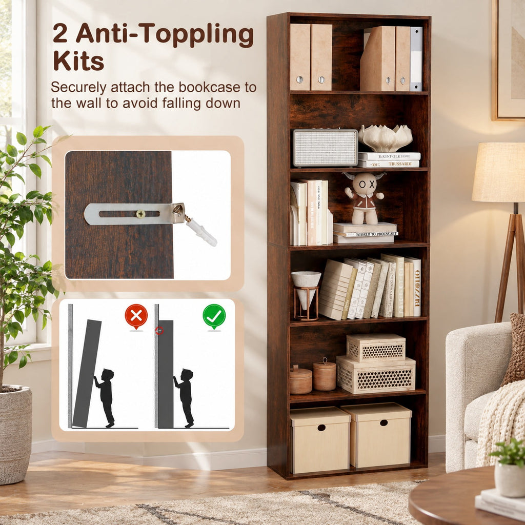 Airfind 6-Tier Bookcase with 6 Open Shelves and Anti-Toppling Kits, 200 lbs Capacity, MDF Engineered Wood Frame, 23.5in x 9.5in x 70in Footprint, Brown