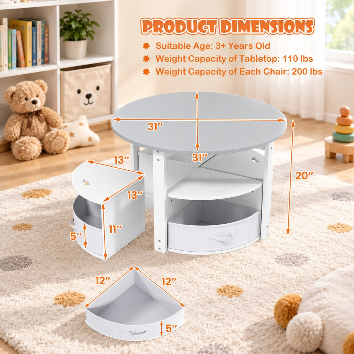 Airfind Youth Round Nesting Table, 5 Piece, with 4 Storage Stools for Activity, 110 lbs Capacity, MDF Frame, for 3+ years old, Gray