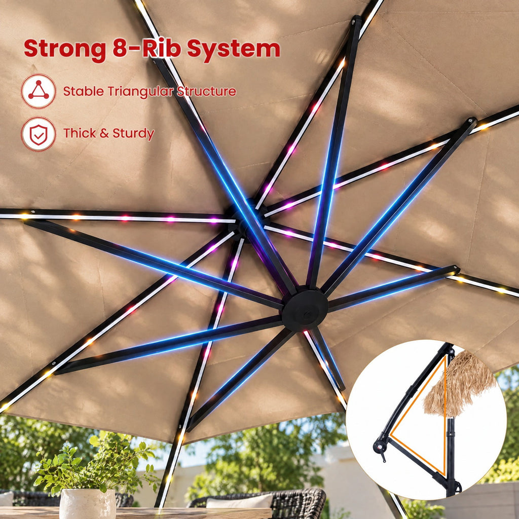 Airfind 10 FT Solar Thatched Cantilever Umbrella with 96 Multi-color Flowing Lights and 12 Modes, PE Thatch Polyester Fabric Metal ABS Frame, Brown