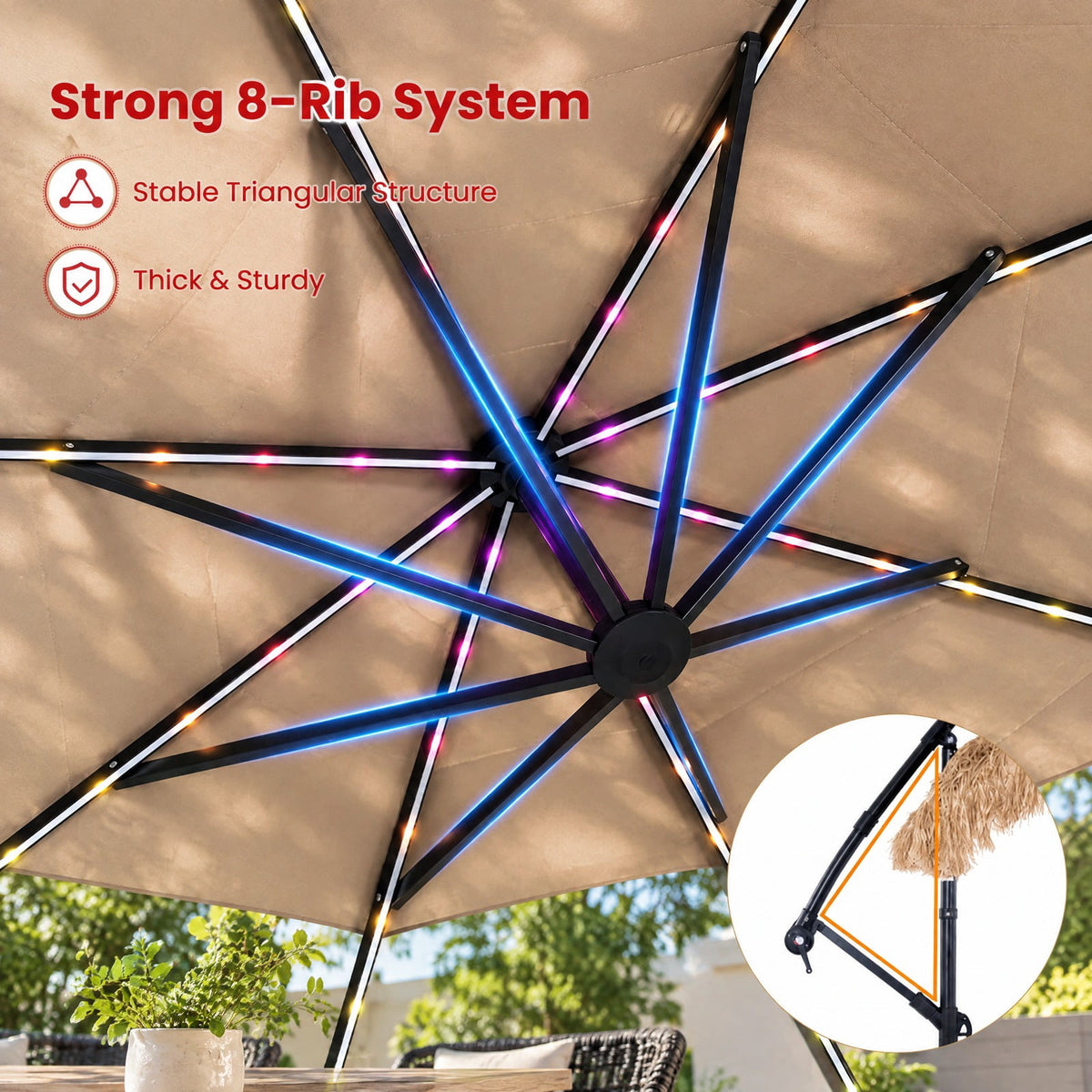 Airfind 10 FT Solar Thatched Cantilever Umbrella with 96 Multi-color Flowing Lights and 12 Modes, PE Thatch Polyester Fabric Metal ABS Frame, Brown