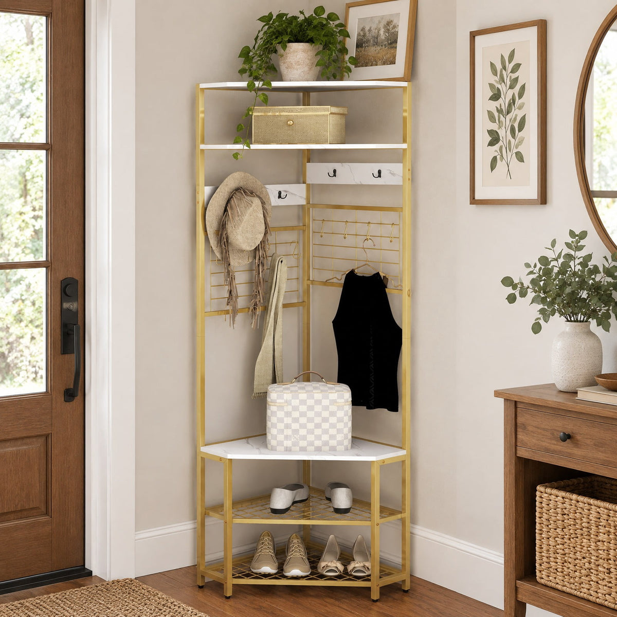 Airfind 5-Tier Corner Hall Tree with Shoe Storage Bench, 22 lbs Capacity, Engineered Wood Metal Frame, White