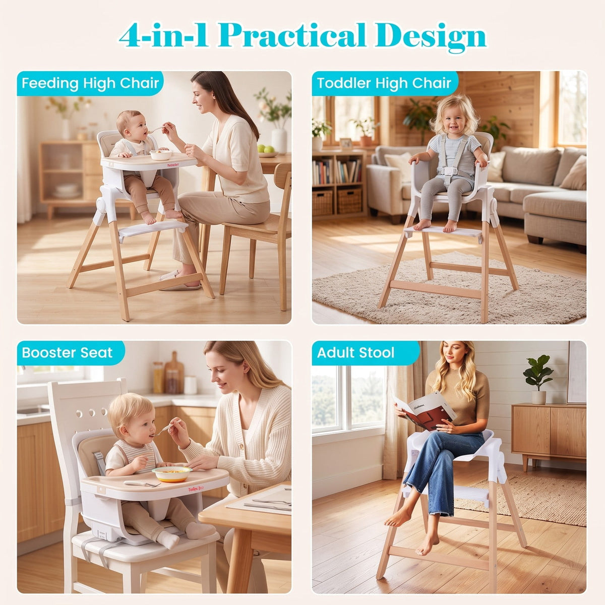 Airfind 4-in-1 Convertible Baby High Chair with Detachable Adjustable Tray, Beech, Model AD10112BE
