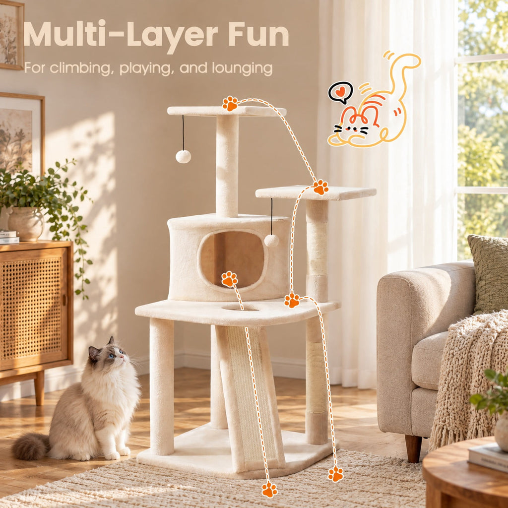 Airfind 44 Inch Tall Kitten Tower with Condo and 2 Plush Perches, 22 lbs Capacity, Engineered Wood Sponge Plush Fabric Sisal Frame, Beige