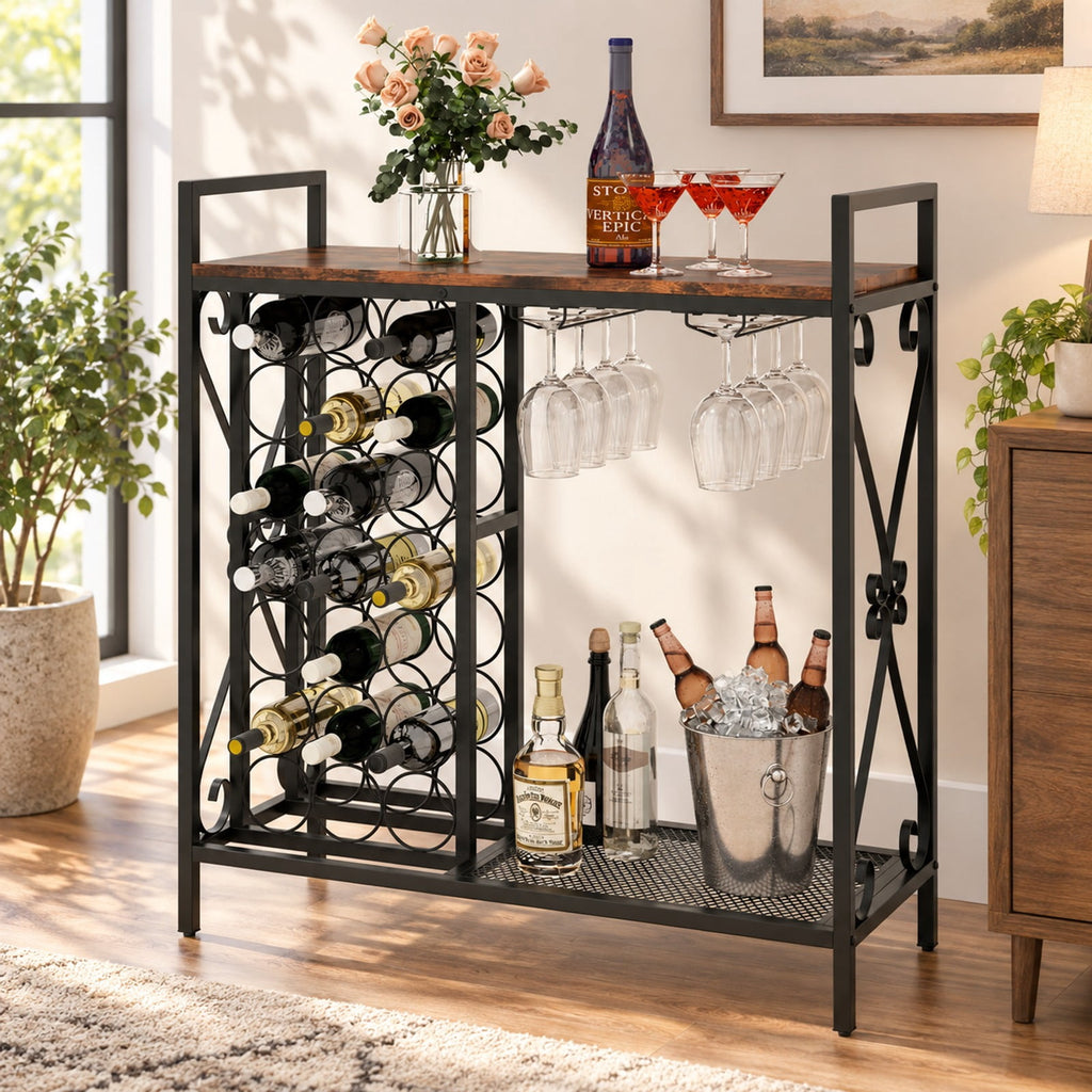 Airfind 21 Bottle Wine Rack Freestanding Floor Wine Bottle Organizer with Glass Holder, 44 lbs Capacity, Metal Engineered Wood Frame, Brown