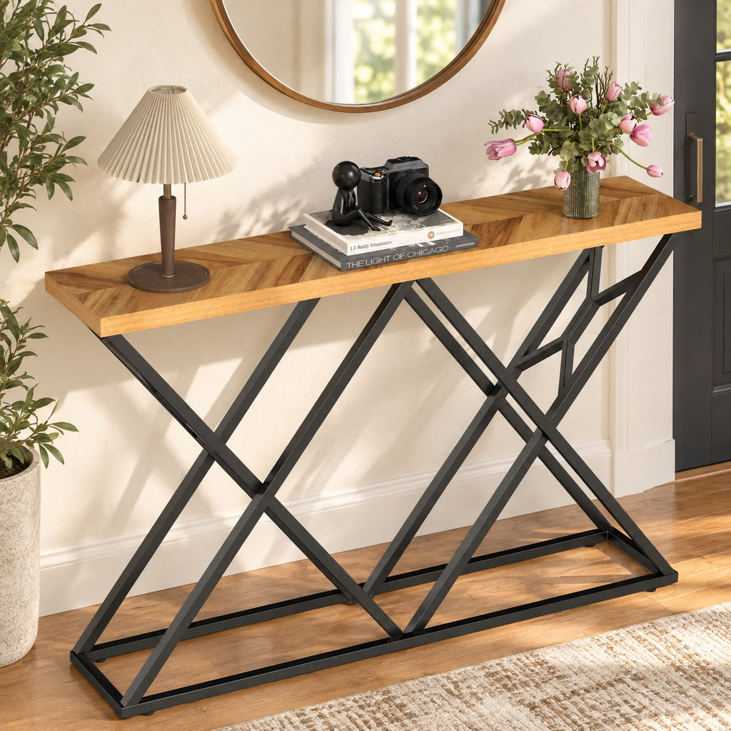Airfind 55 Inch Console Table with Solid Metal Frame and Storage, 165 lbs Capacity, 55 Inch x 12 Inch x 36 Inch Footprint, Wood