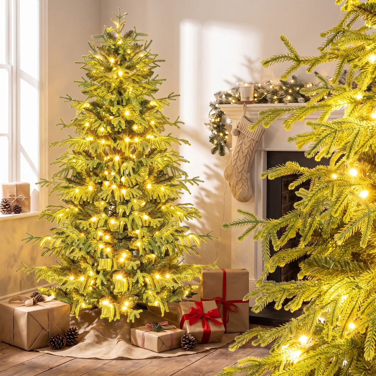 Airfind Artificial Christmas Tree with LED Lights and PVC Mixed Branch Tips-6, TPE PVC Metal Tree Height 6/7/8 ft Tree Width 3.9/4.3/4.7 ft Frame
