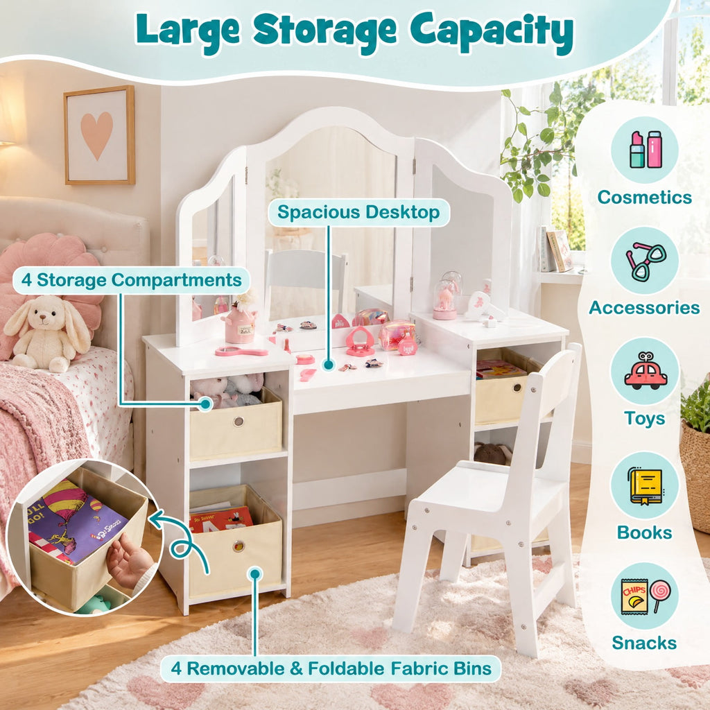 Airfind Kids Vanity Table and Chair Set with Removable Mirrors and 4 Storage Bins, 220 lbs Capacity, MDF Frame, for 3+ Years Old, White