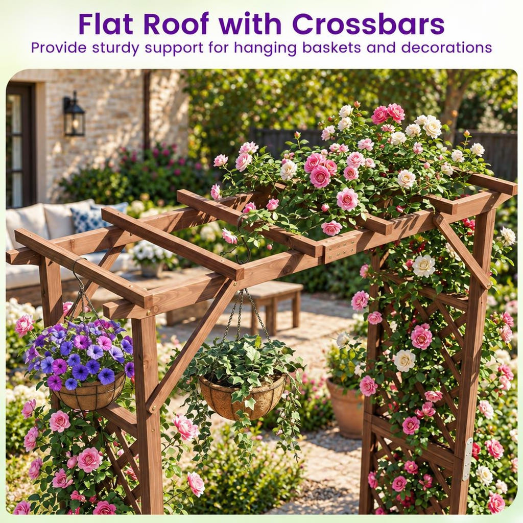 Airfind 87in Tall Wooden Garden Arbor with Planter Boxes and Hanging Roof for Climbing Plants, 44 lbs Capacity, Fir Wood Frame, Orange