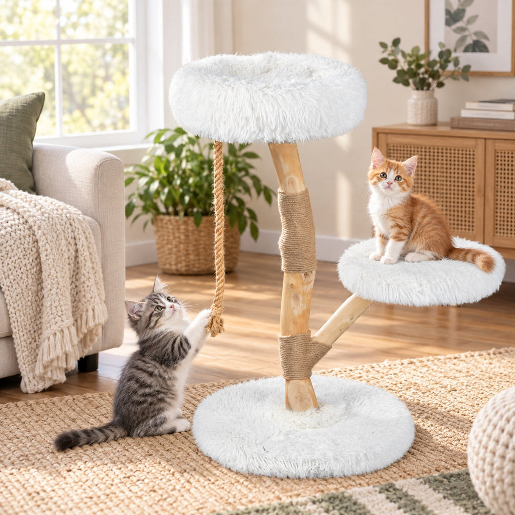 Airfind Modern Wooden Cat Tree Tower with Perch and Natural Jute Scratching Posts, 66 Lbs Capacity, Pear Wood Jute Long Plush Fabric, White