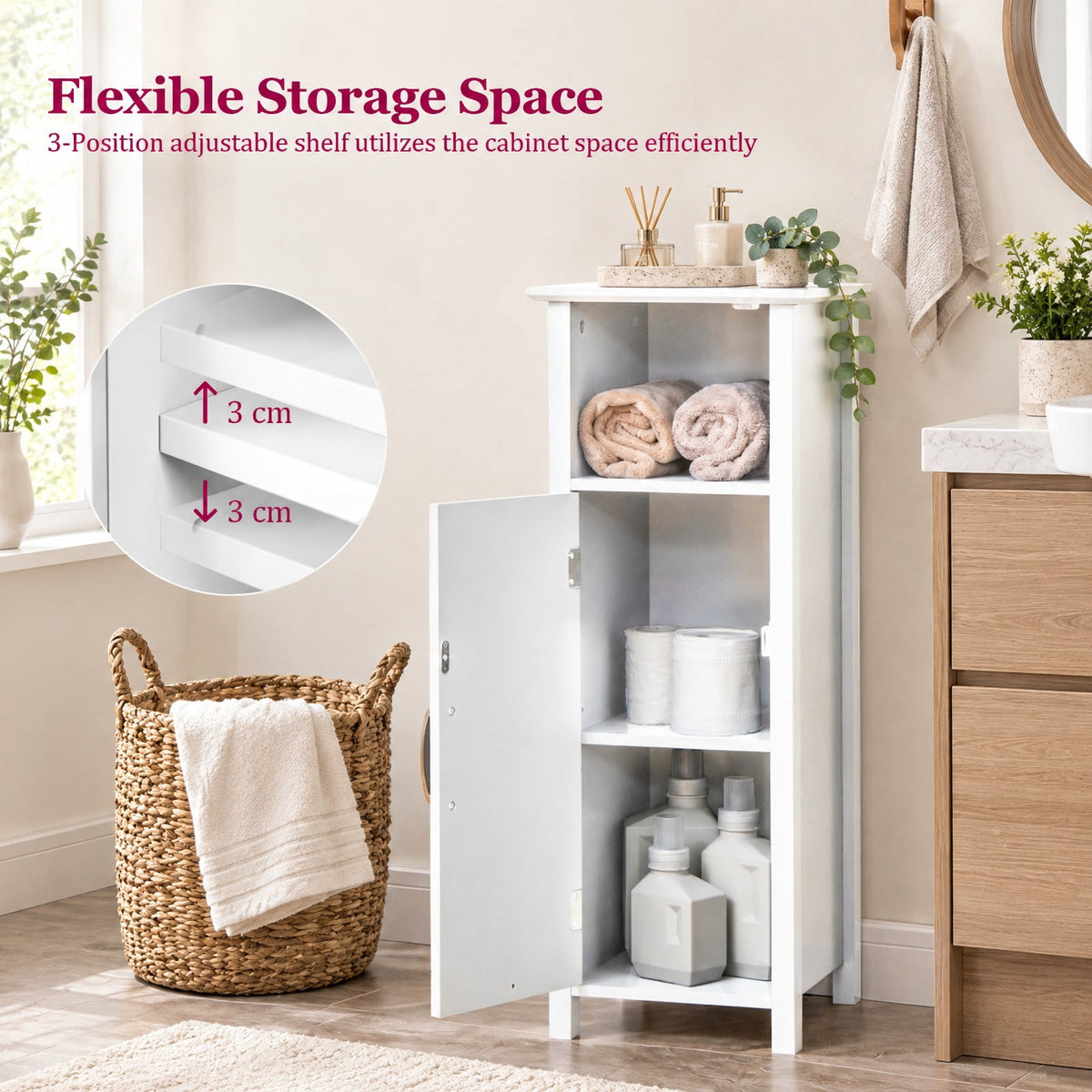 Airfind 1-Door Freestanding Bathroom Cabinet with Open Shelf, 66 lbs Capacity, MDF Frame, 12in x 12in x 31.5in Footprint, White
