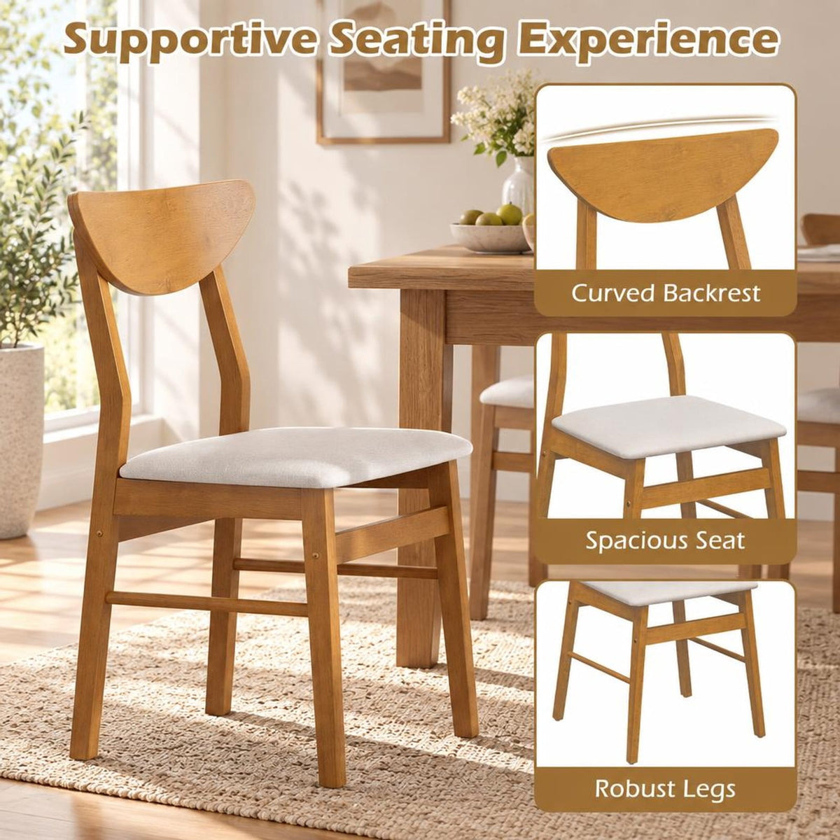 Airfind Set of 2 Upholstered Dining Chairs with Curved Backrest and Rubber Wood Frame, 330 lbs Capacity, Rubber Wood Frame, Natural