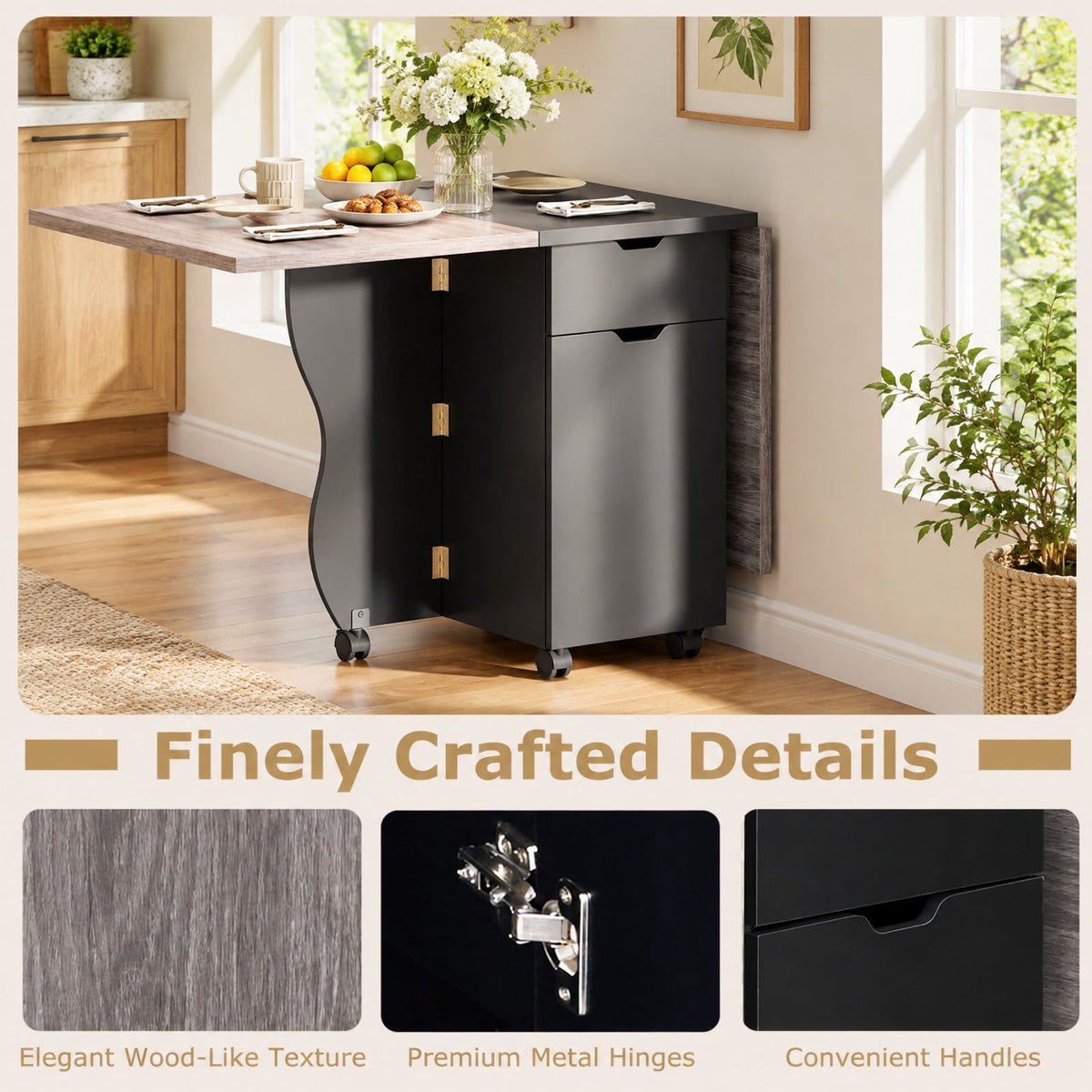 Airfind Folding Dining Table 3-in-1 Space-Saving Drop Leaf Kitchen Table with Lockable Wheels, 60 kg Capacity, 63.2 x 27.6 x 29.5 Footprint