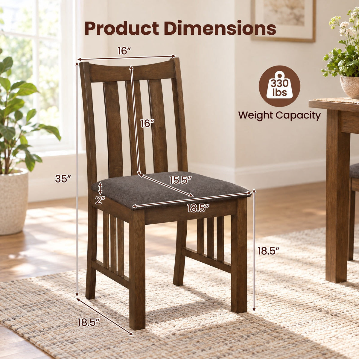 Airfind Dining Chairs, Rubber Wood, Side Chairs Set of 4 with Slat Back, 330 lbs Capacity, Rubber Wood Linen Fabric Sponge Frame, Brown