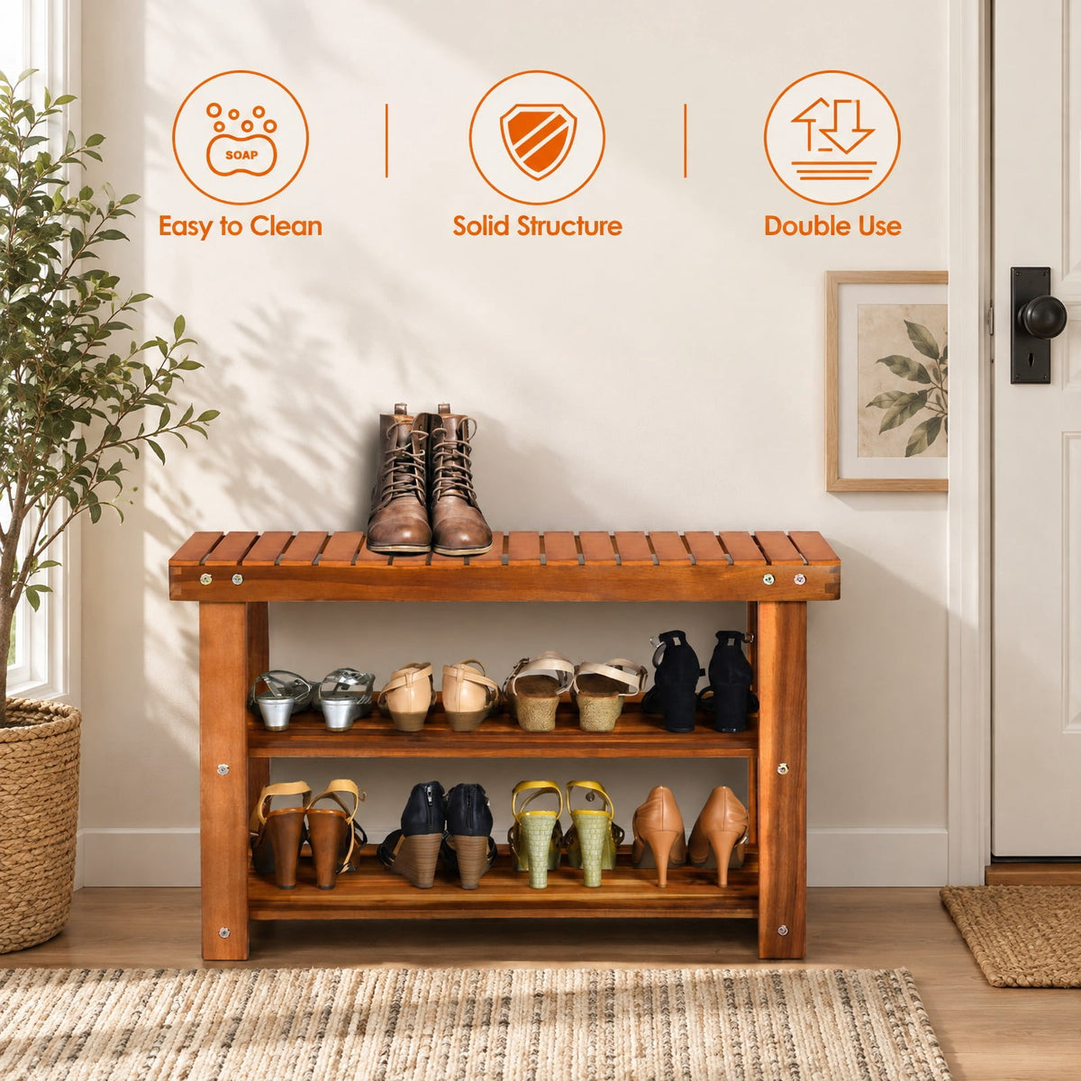 Airfind Freestanding Wood Bench with 3, 180 lbs Capacity, Acacia wood, 27.5 Inch x 11 Inch x 17.5 Inch (L x W x H) Weight: 10 lbs, Wood