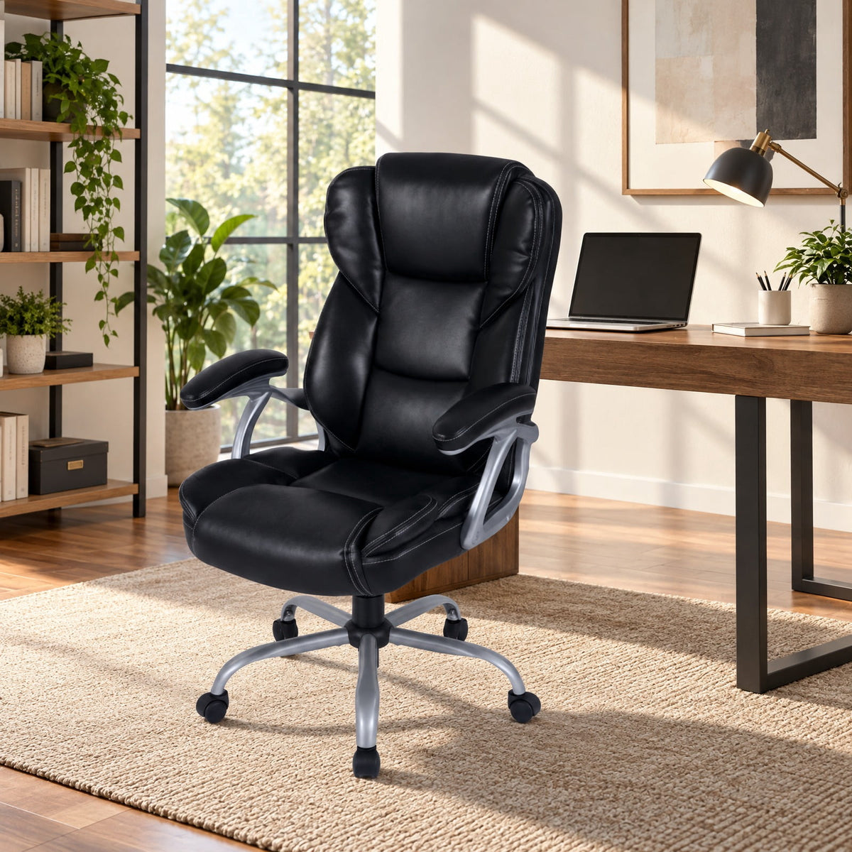 Airfind Executive Office Chair Leather Ergonomic Computer Desk Chair with Padded Seat and Armrests, 330 lbs Capacity, Black