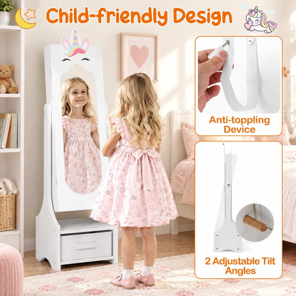 Airfind Kids Jewelry Cabinet with Full-Length Mirror for Kids Bedroom and Playroom, MDF Frame, 12.5 Inch x 12 Inch x 45.5 Inch Footprint, White