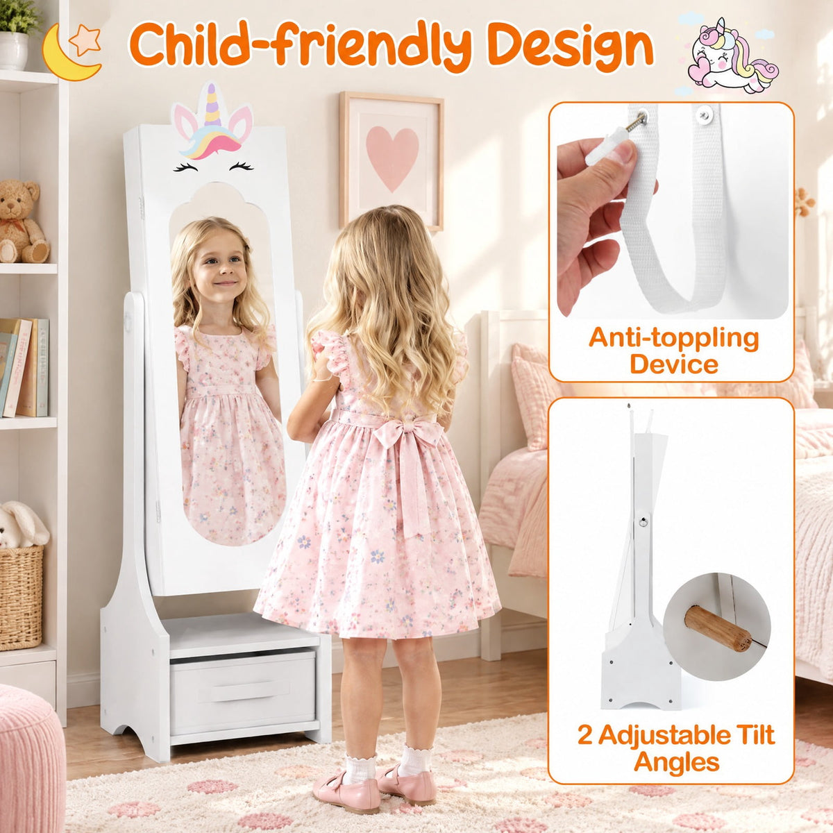 Airfind Kids Jewelry Cabinet with Full-Length Mirror for Kids Bedroom and Playroom, MDF Frame, 12.5 Inch x 12 Inch x 45.5 Inch Footprint, White