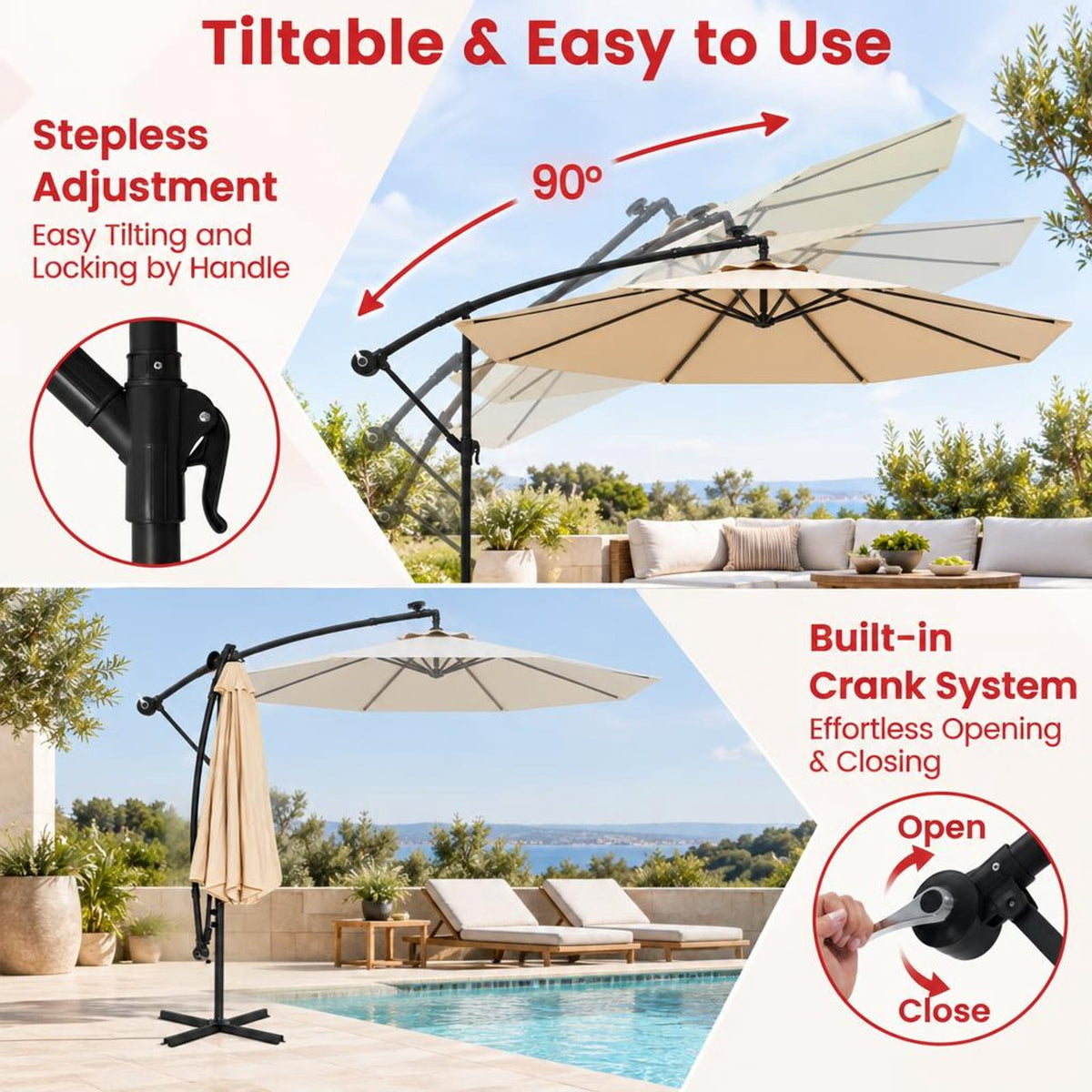 Airfind 10 Feet Cantilever Umbrella with 32 LED Lights and Solar Panel Batteries, Polyester Fabric Metal Oxford Fabric Frame, Beige