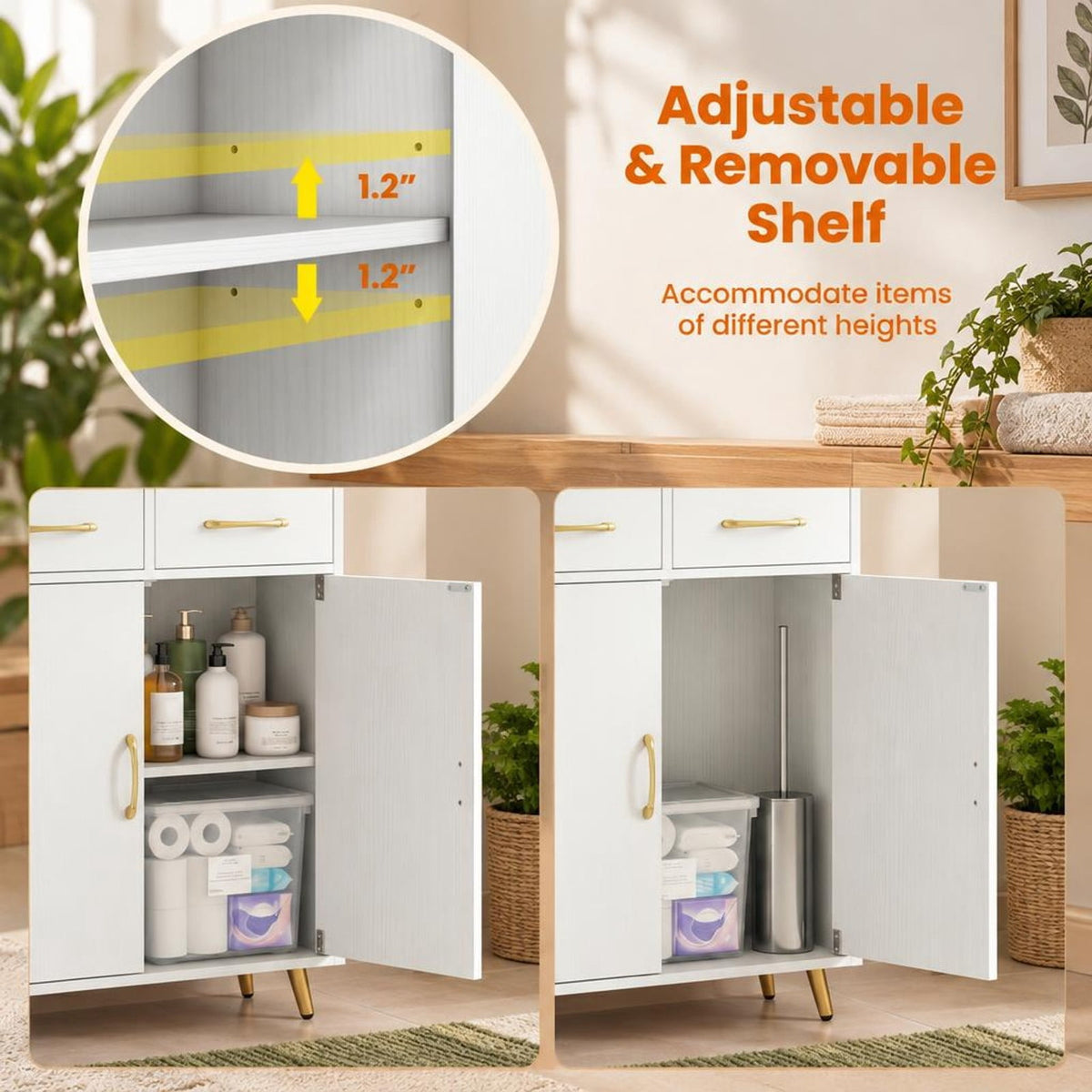 Airfind Bathroom Storage Cabinet Freestanding Floor Cabinet with 2 Drawers and 2 Doors, 44 lbs Capacity, Engineered Wood Metal Frame, White