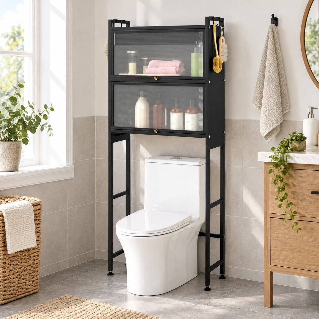 Airfind Over-the-toilet Cabinet Bathroom Organizer with 2 Flip-up Cabinets, 33 Lbs Capacity, Carbon Steel PC Plastic, Black