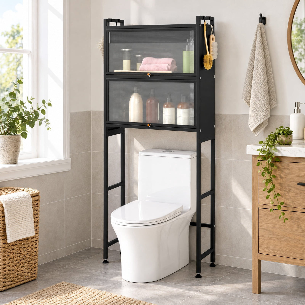 Airfind Over-the-toilet Cabinet Bathroom Organizer with 2 Flip-up Cabinets, 33 Lbs Capacity, Carbon Steel PC Plastic, Black