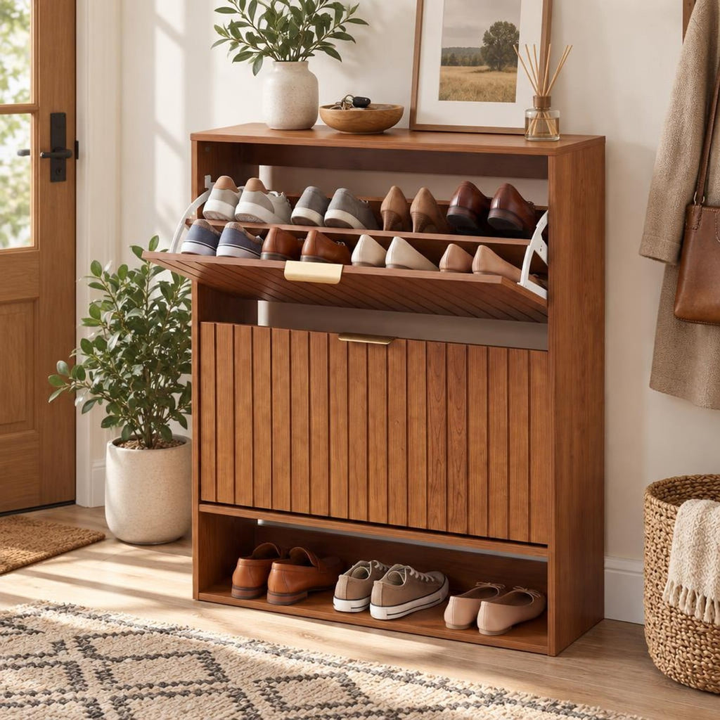 Airfind Fluted Hidden Shoe Cabinet with 2 Flip Drawers and Open Storage, 55 lbs Capacity, Engineered Wood Frame, 31.5in x 9.5in x 40in Footprint