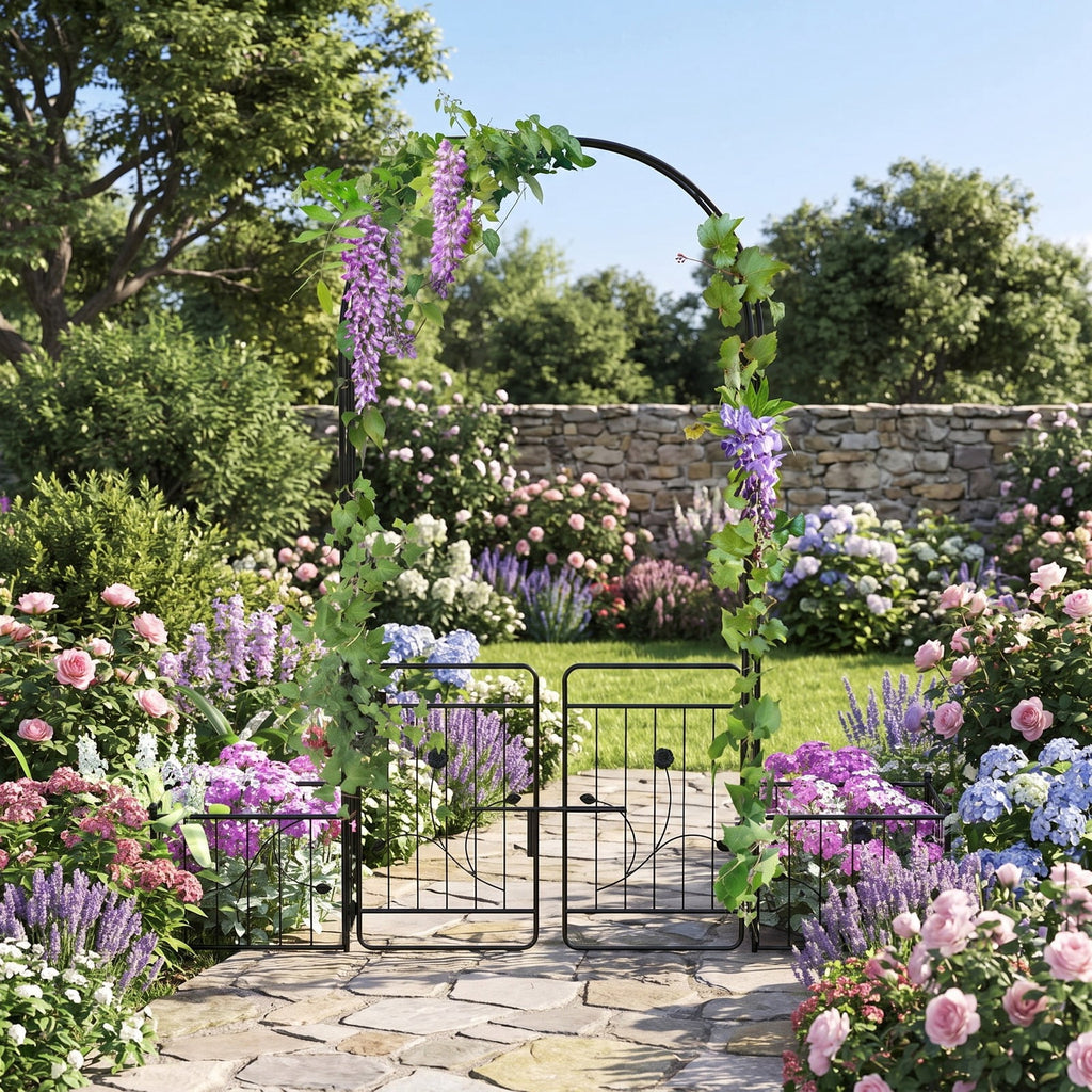 Airfind 87 Inches Garden Arbor with Lockable Gate Side Planters, Metal Frame, 80 x 20 x 87 Footprint, Black