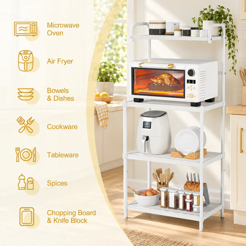 Airfind 4-Tier Kitchen Storage Baker Microwave Oven Rack Shelves, 55 lbs Capacity, Iron Frame, 23.5 x 13.5 x 53.5 Footprint, White