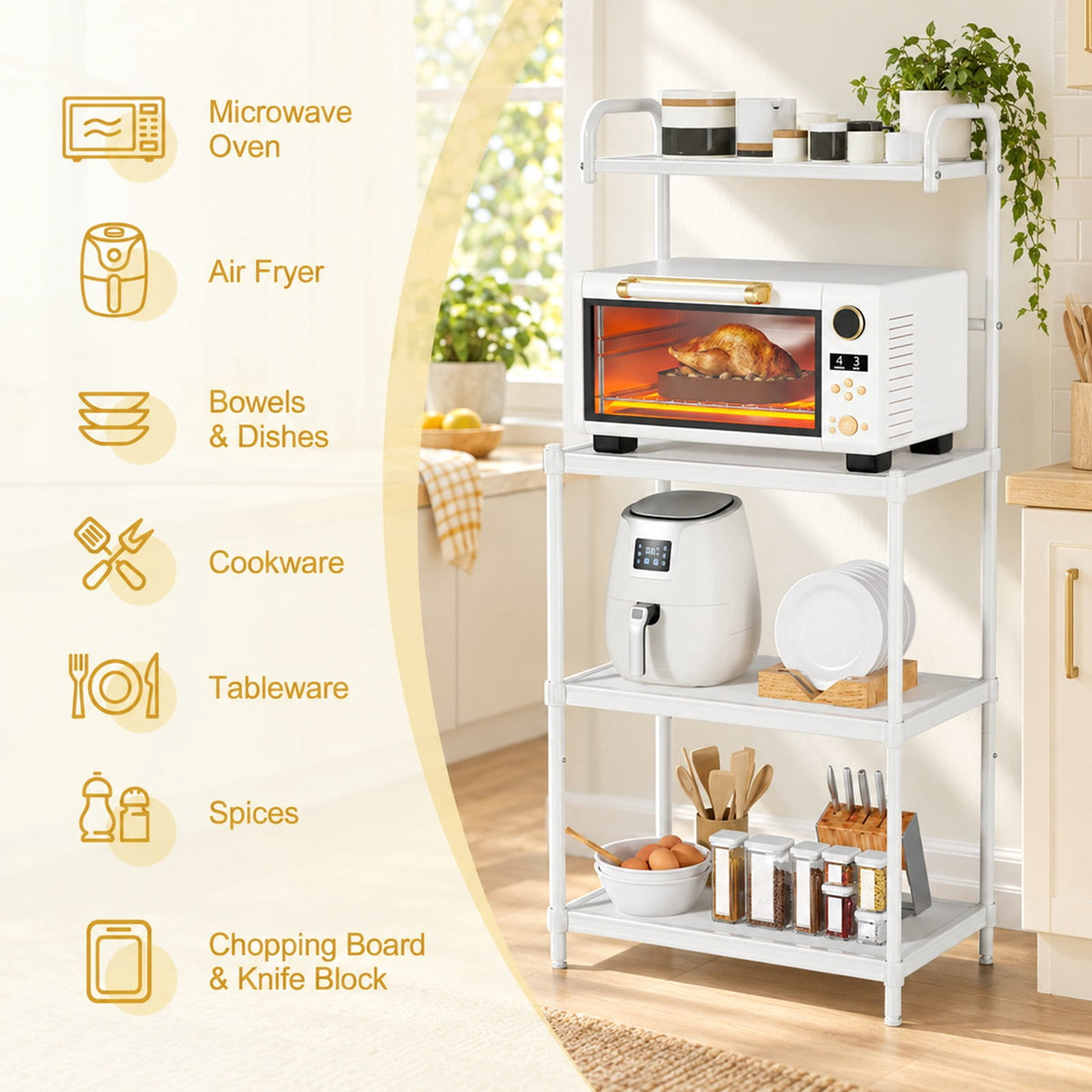 Airfind 4-Tier Kitchen Storage Baker Microwave Oven Rack Shelves, 55 lbs Capacity, Iron Frame, 23.5 x 13.5 x 53.5 Footprint, White