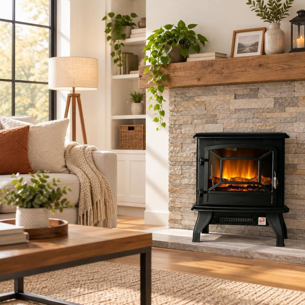 Airfind Freestanding Fireplace Heater featuring Realistic Dancing Flame Effect, 50 lbs Power Rating: 1400W Capacity, Steel Tempered Glass Frame, Black