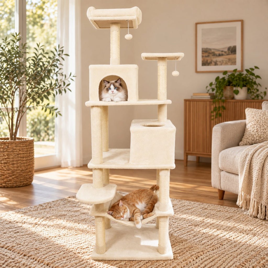Airfind Multi-level Cat Tree Modern Cat Tower with Upholstered Perch and 2 Cat Condo, 24 x 18.5 Footprint, Beige