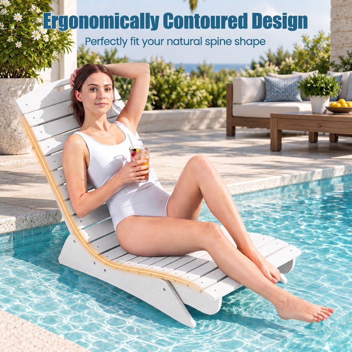 Airfind Fade-Resistant Outdoor Lounger with Contoured Shape for Deck Poolside, 450 lbs Capacity, HDPE Frame, White