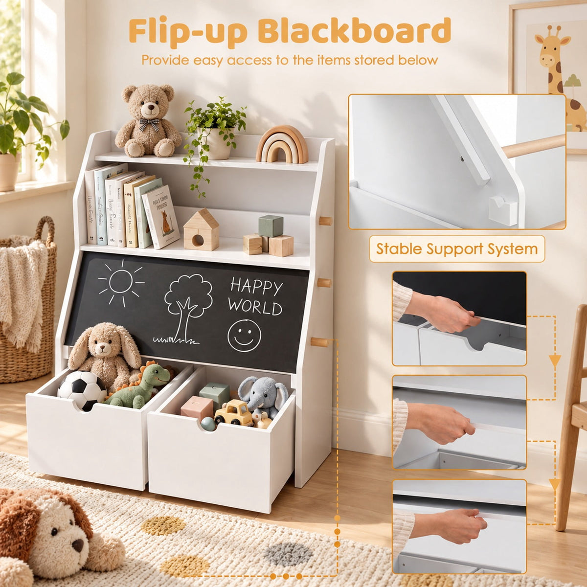 Airfind Kids Toy Storage Organizer with Flip-up Blackboard, Engineered Wood Pine Wood Frame, for 3+ Years Old, 41 Inch x 16 Inch x 28 Inch Footprint, White