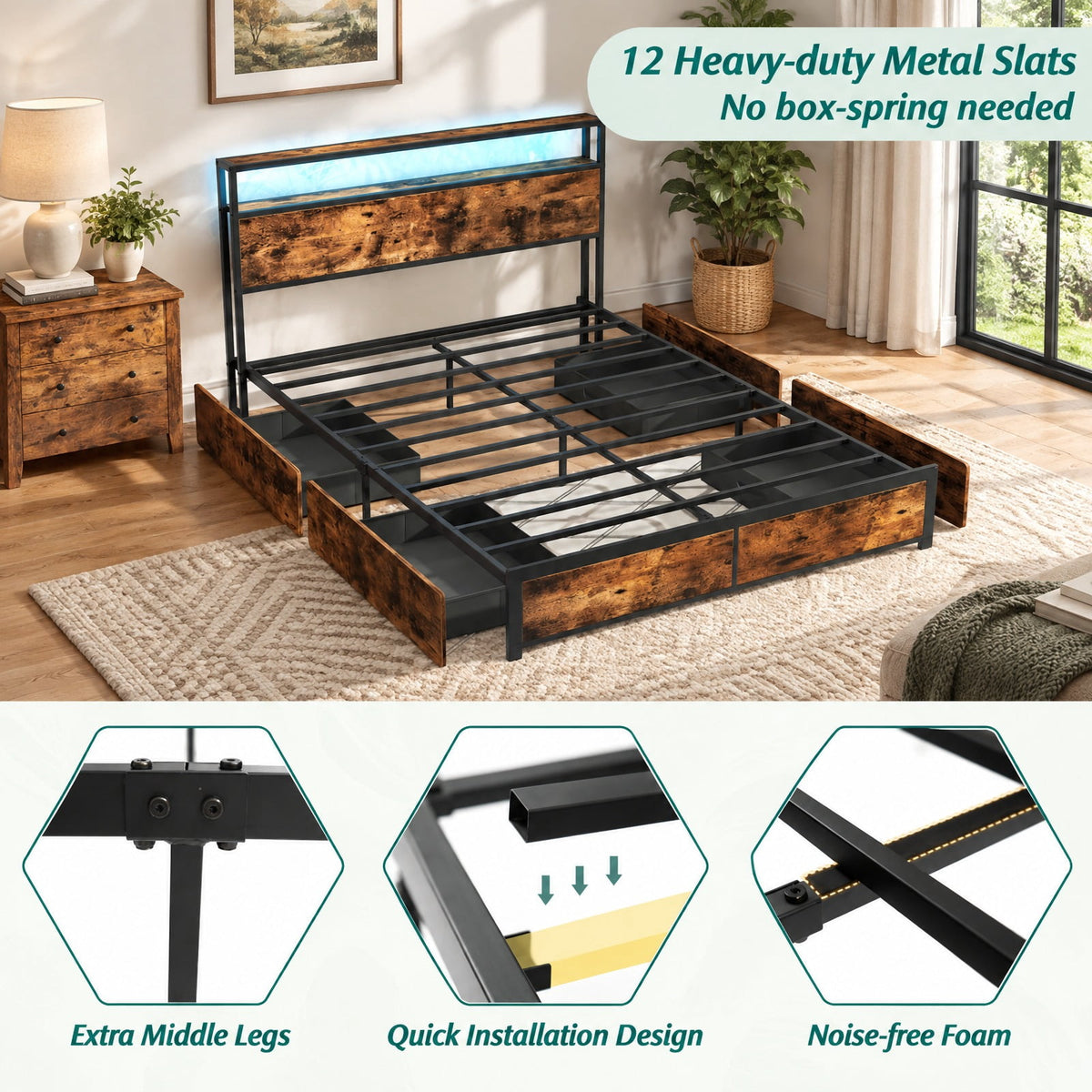 Airfind Full/Queen Size LED Bed Frame with Charging Station and 4 Storage Drawers, 81 Inch x 56 Inch x 40 Inch Inner Footprint