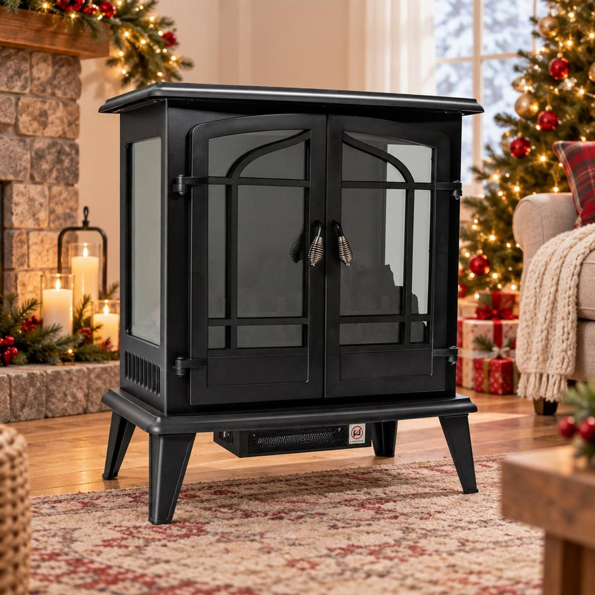 Airfind 25 Inch Freestanding Electric Fireplace Heater with Realistic Flame effect, Iron Frame, 25in x 15in x 28.5in (L x W x H） Footprint, Black