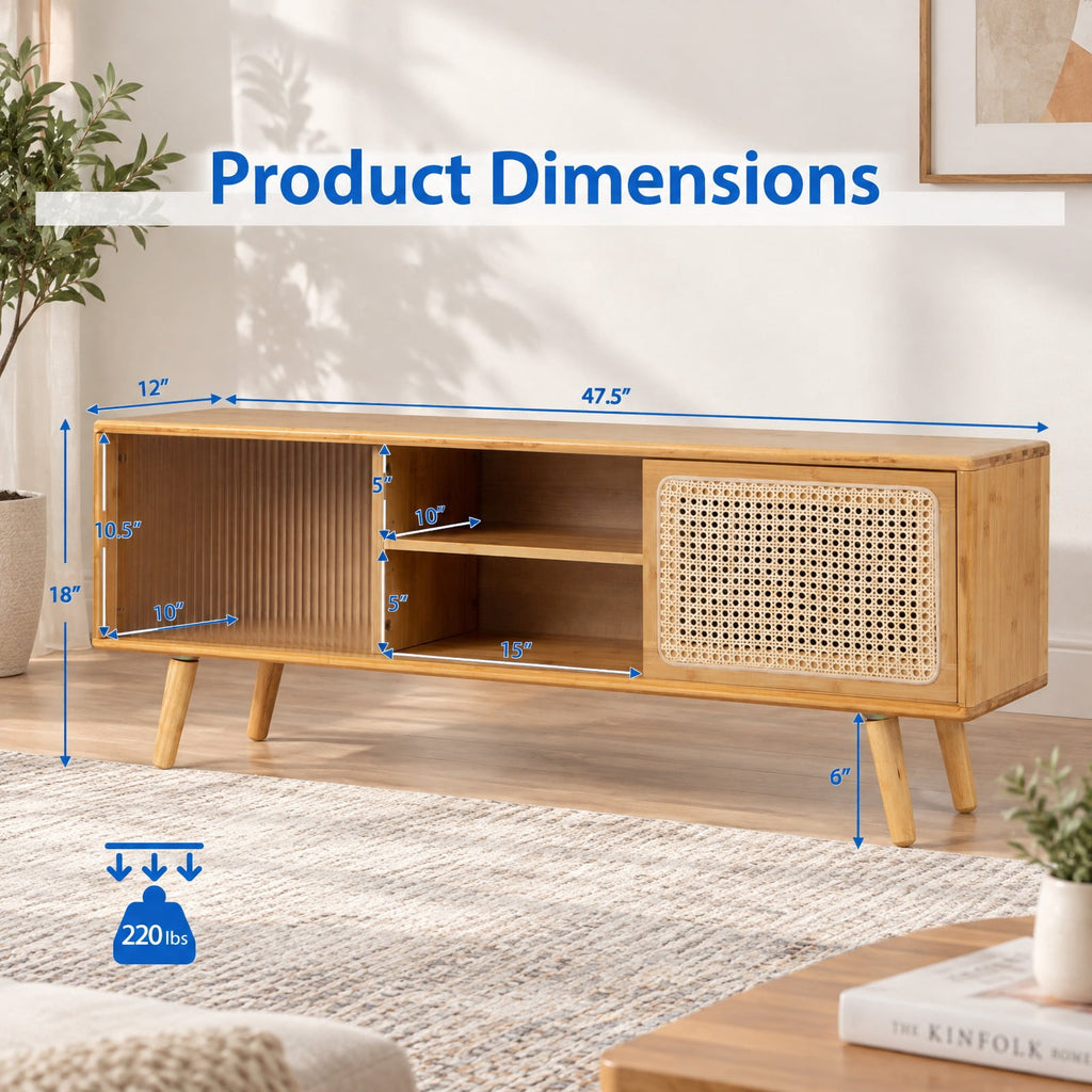 Airfind Modern TV Stand with Rattan Glass Sliding Doors, Bamboo Rubber Wood Rattan Tempered Glass Frame, 47.5 x 12 x 18 Footprint, Natural