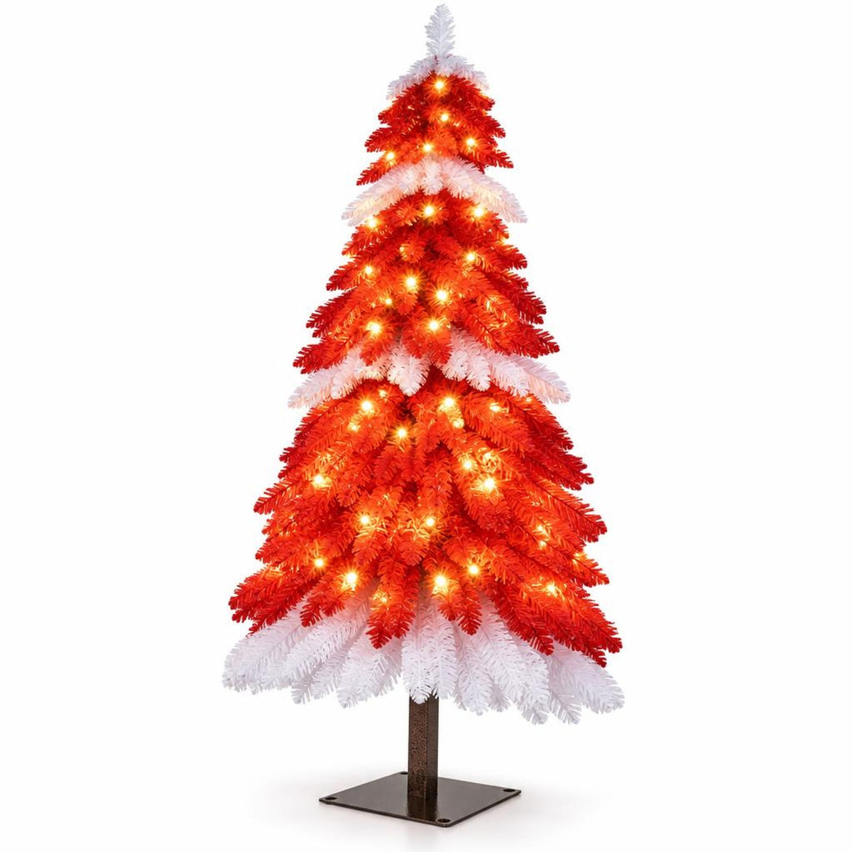 Airfind 5 FT Artificial Christmas Tree Pre-lit Xmas Trees with 301 Red and White Branch Tips, PVC Metal Tree Height 5 ft Tree Width 24in Base Frame