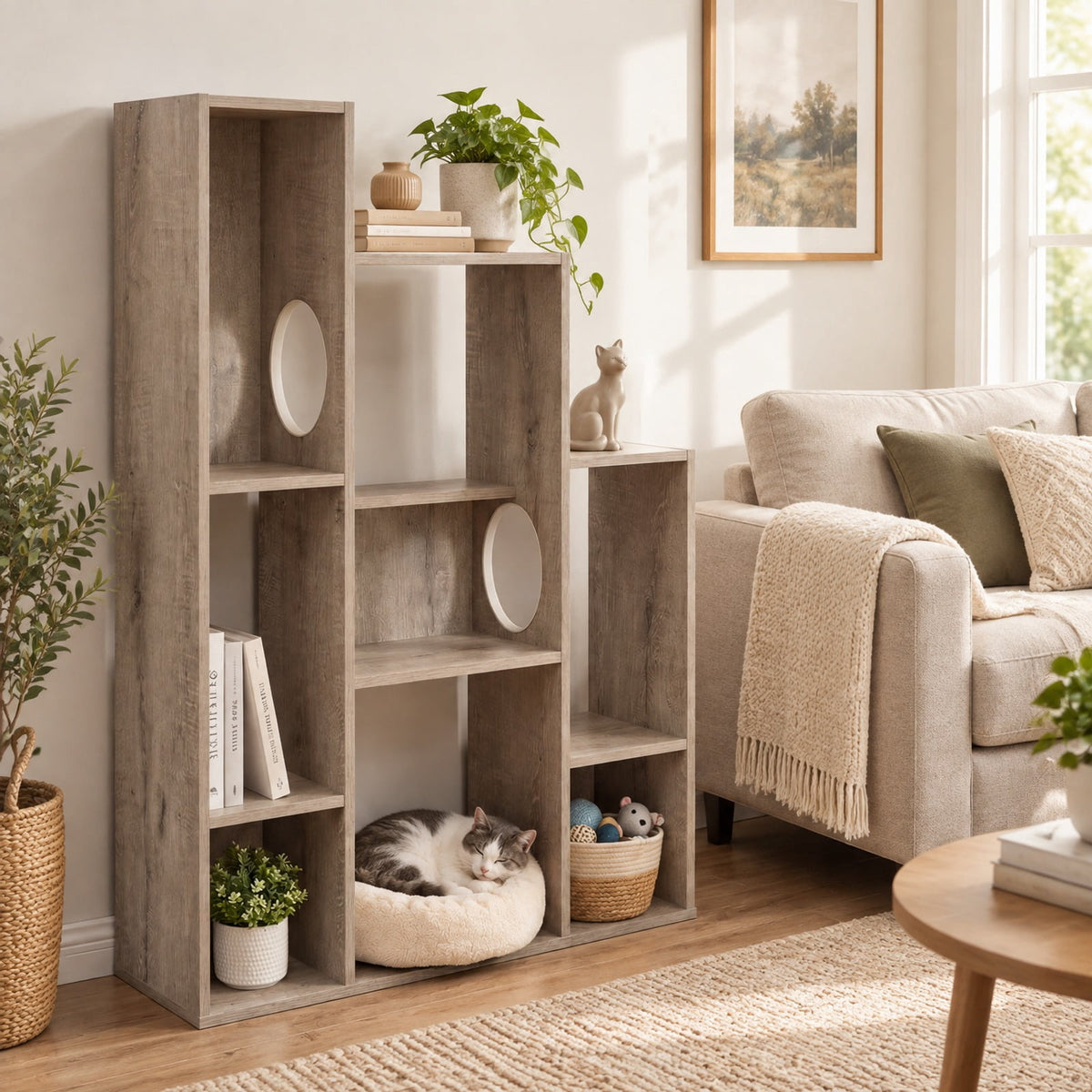 Airfind Modern Cat Bookshelf Cat Tree 8-Section Storage Cabinet with 2 Round Holes, 22 lbs Capacity, Engineered Wood Frame, Gray