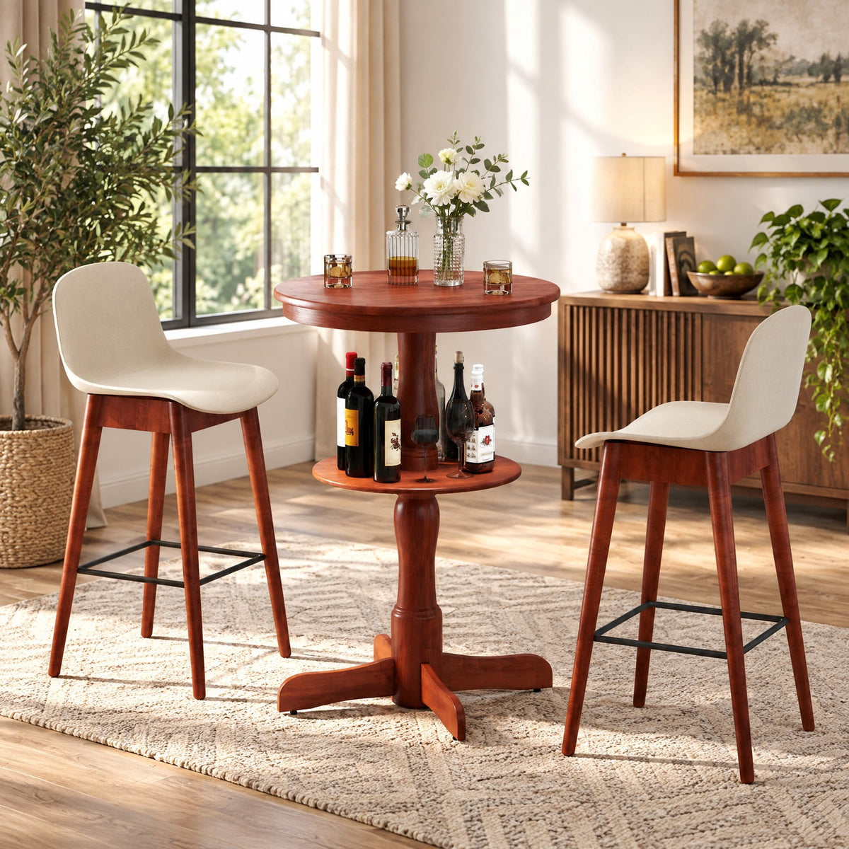Airfind 2-Tier Round High Top Bar Table with Storage Shelf and Pedestal Base, 88 lbs Capacity, Rubber Wood MDF Frame, 29.5 Inch x 42 Inch Footprint