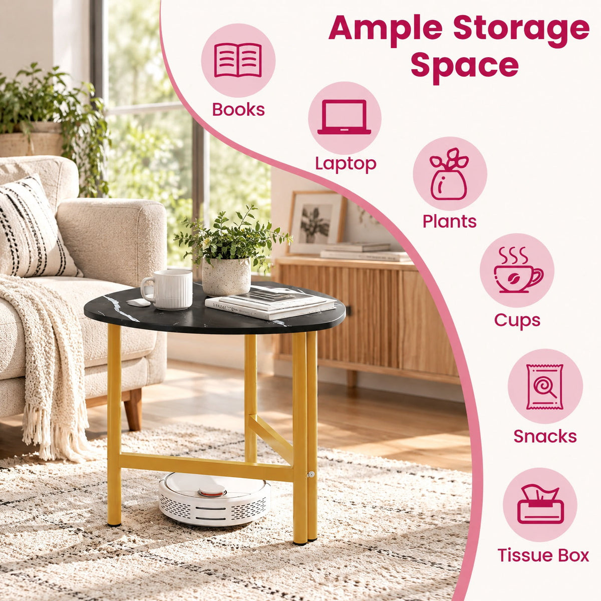 Airfind Set of 2 Triangle Coffee Table Oval with Metal Legs, 132 lbs Capacity, Engineered Wood Metal Faux Marble Frame, Black