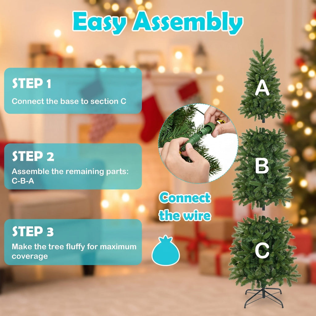 Airfind 6 Feet Pre-Lit Artificial Christmas Pencil Tree with 648 PVC PE Branch Tips, PVC PE metal Frame, 29.13 x 29.13 x 70.87 inch Footprint, Green