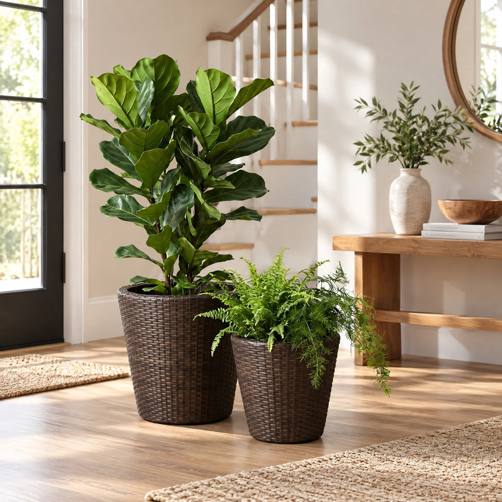Airfind Set of 2 Plastic Taper Rattan Planters with Drainage Holes and Saucers, PP Frame, 15 x 15 x 15 Footprint, Brown